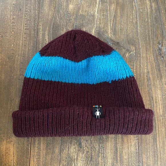Youth SmartWool Cuffed Beanie Hat Cap Youth One Size OS Maroon Blue Wool Acrylic - Picture 1 of 3